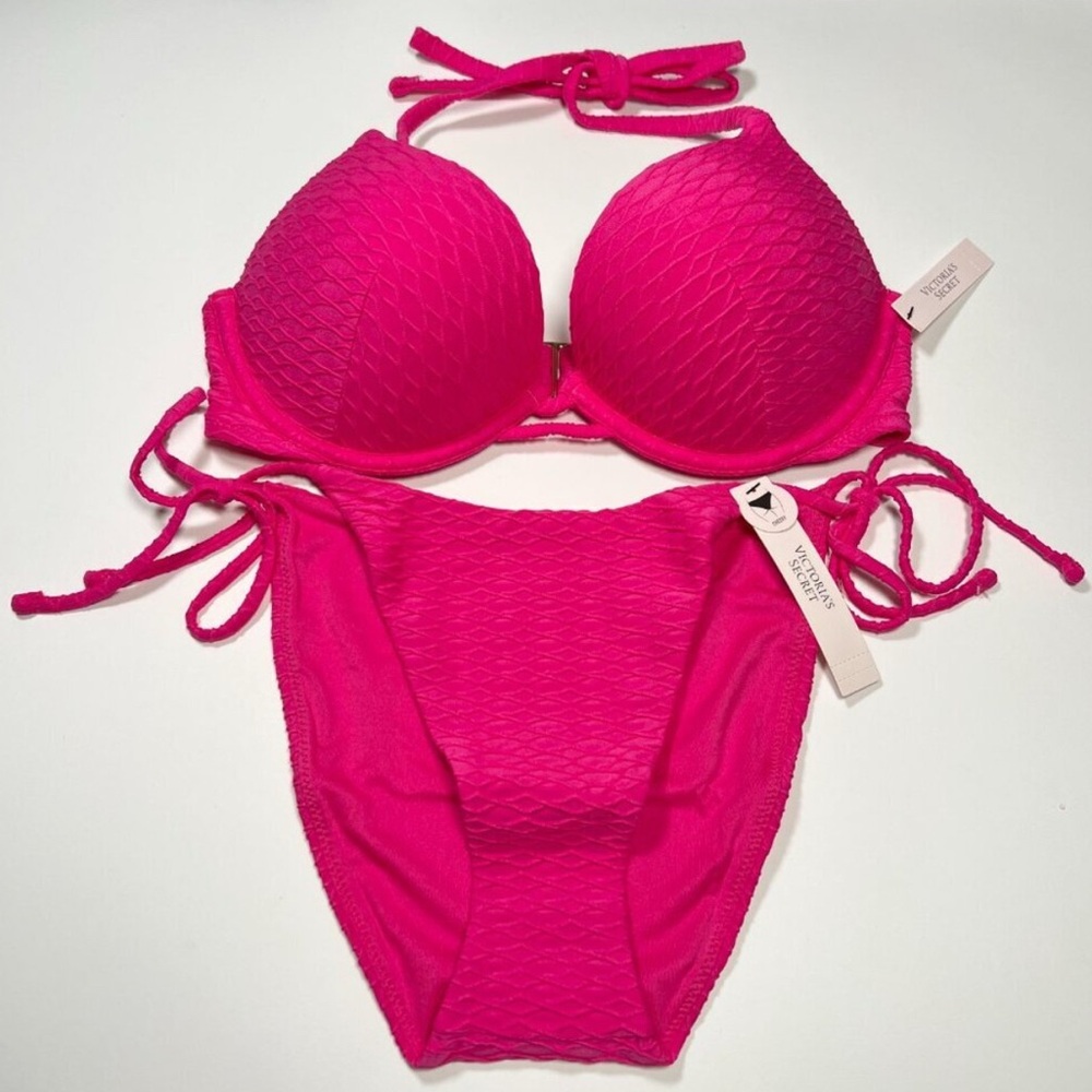 Victoria Secret 34DD M Bombshell Push Up Bikini Top Bottom Set Textured Pink